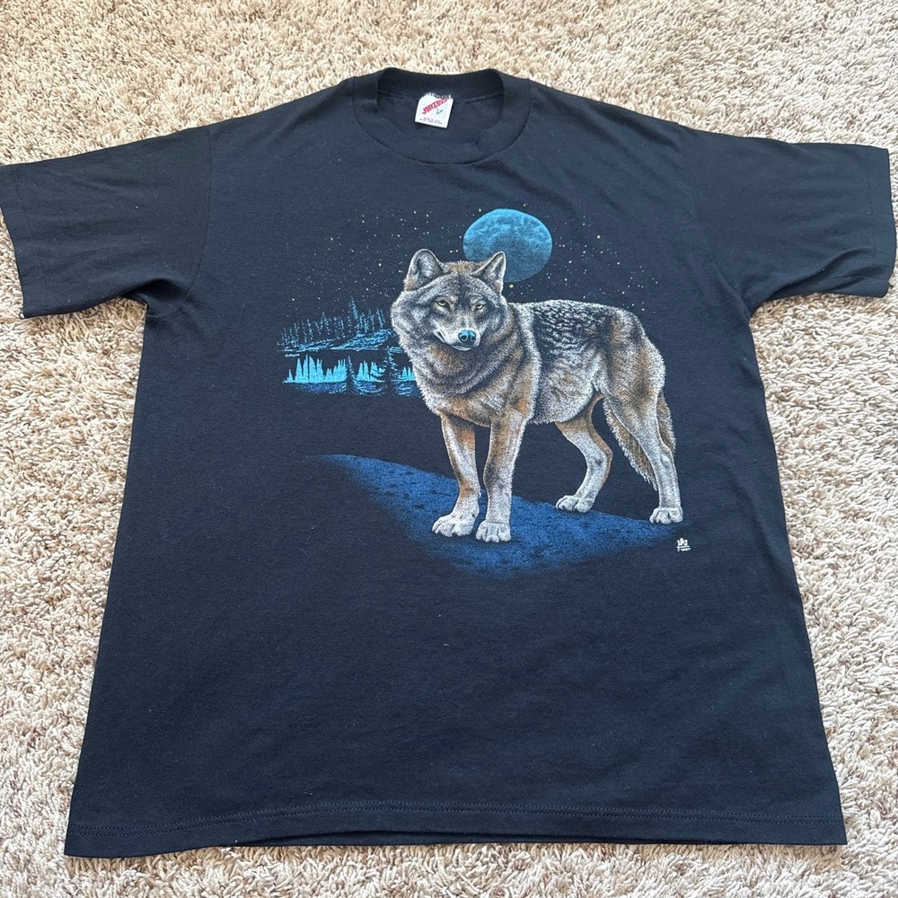Vintage 1987 Jerzees Wolf Blue Moon T-Shirt Black Single Stitch Mens Large 21x27